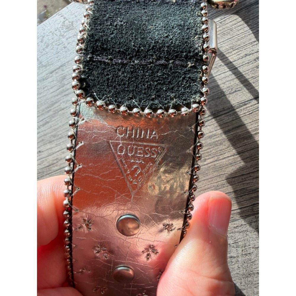 Guess Womens Western Studded Rhinestone Belt Black Silver Metallic Buckle